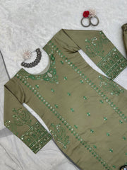 Elegant Dusty Green Designer Suit – Muslin Cotton with Intricate Thread & Sequence Work