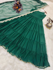 Elegant Green Fox Georgette Ruffle Gown with Embroidered Dupatta