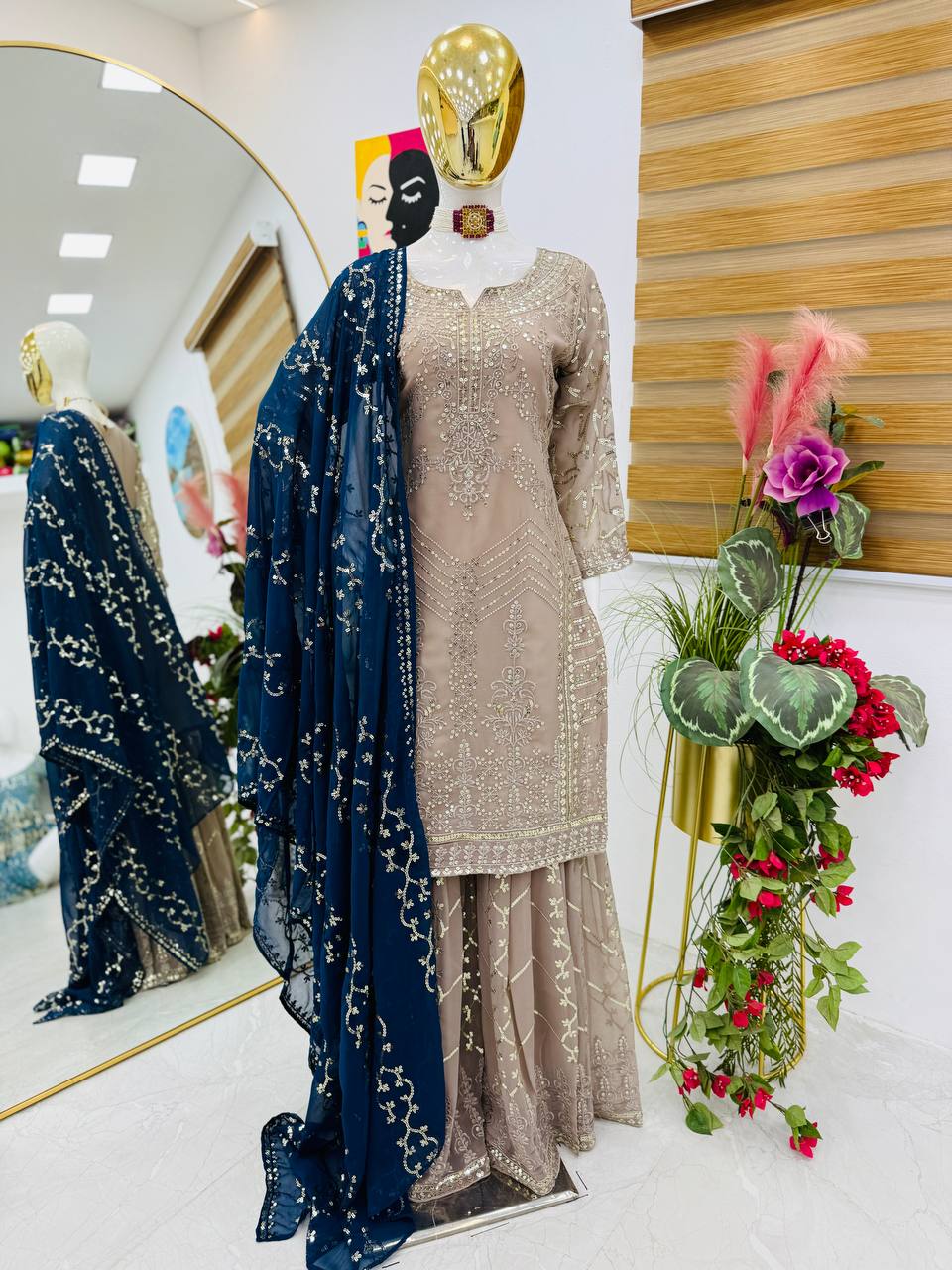 Elegant Grey Fox Georgette Top, Sharara & Dupatta Set with Embroidery Sequence Work