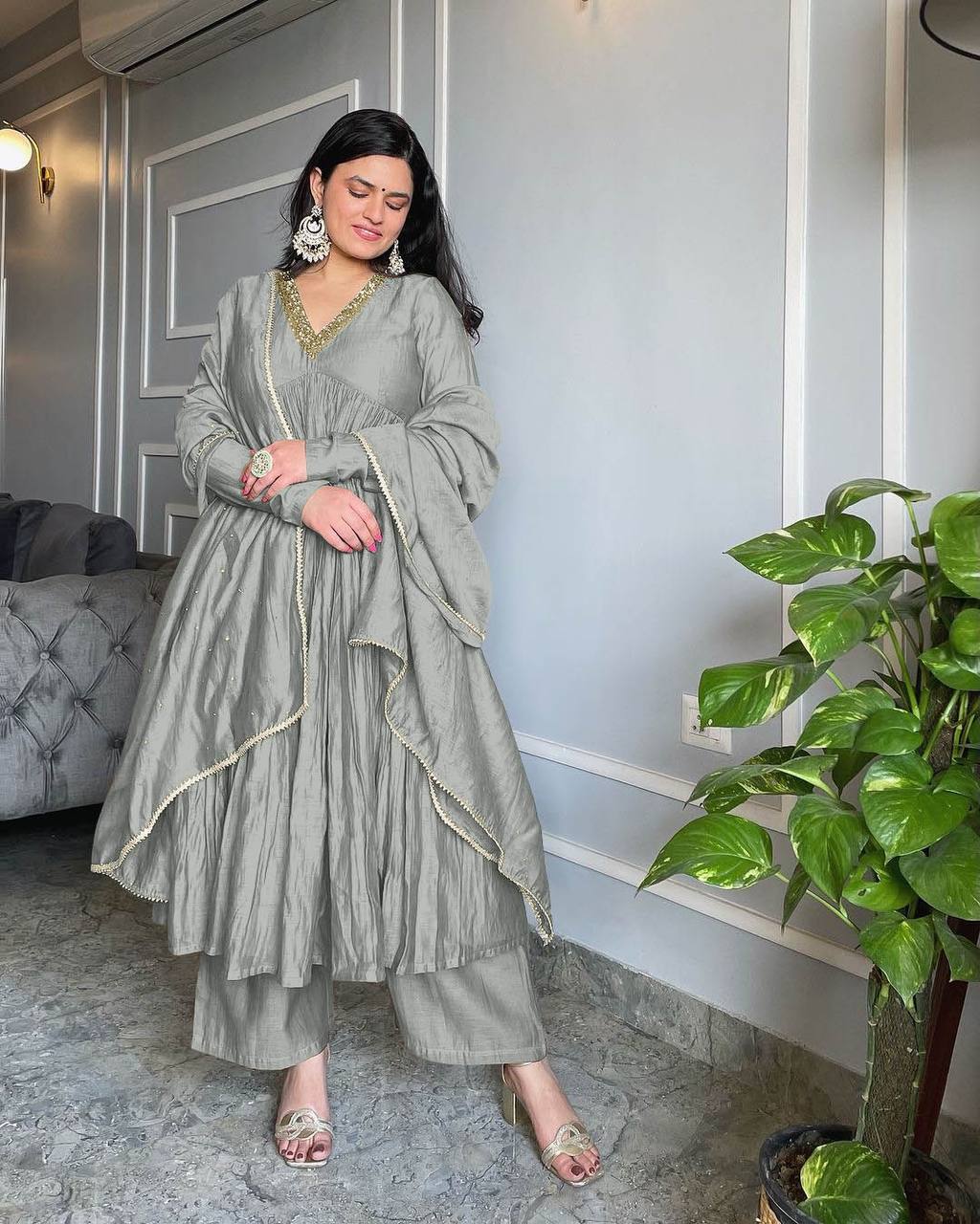 Elegant Grey Party Wear Alia Cut Anarkali Gown with Dupatta & Bottom Set