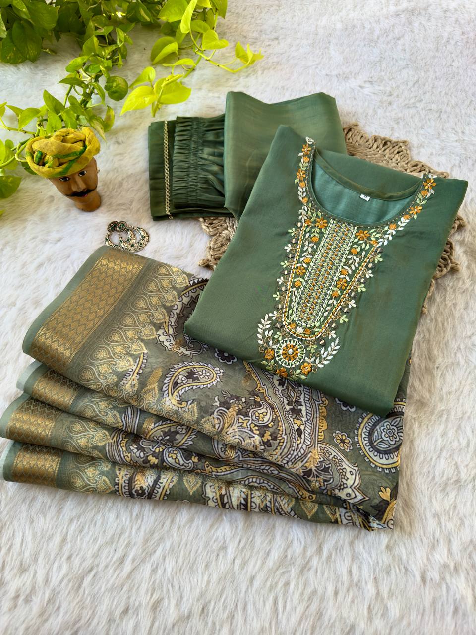 Elegant Mahendi Designer Kurti Pant Dupatta Set