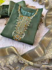 Elegant Mahendi Designer Kurti Pant Dupatta Set