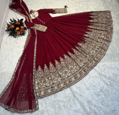 Elegant Maroon Fox Georgette Gown with Sequin Embroidery & Matching Dupatta