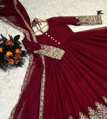 Elegant Maroon Fox Georgette Gown with Sequin Embroidery & Matching Dupatta