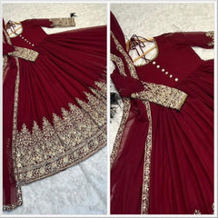 Elegant Maroon Fox Georgette Gown with Sequin Embroidery & Matching Dupatta