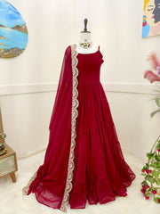 Elegant Maroon Fox Georgette Ruffle Gown with Embroidered Dupatta