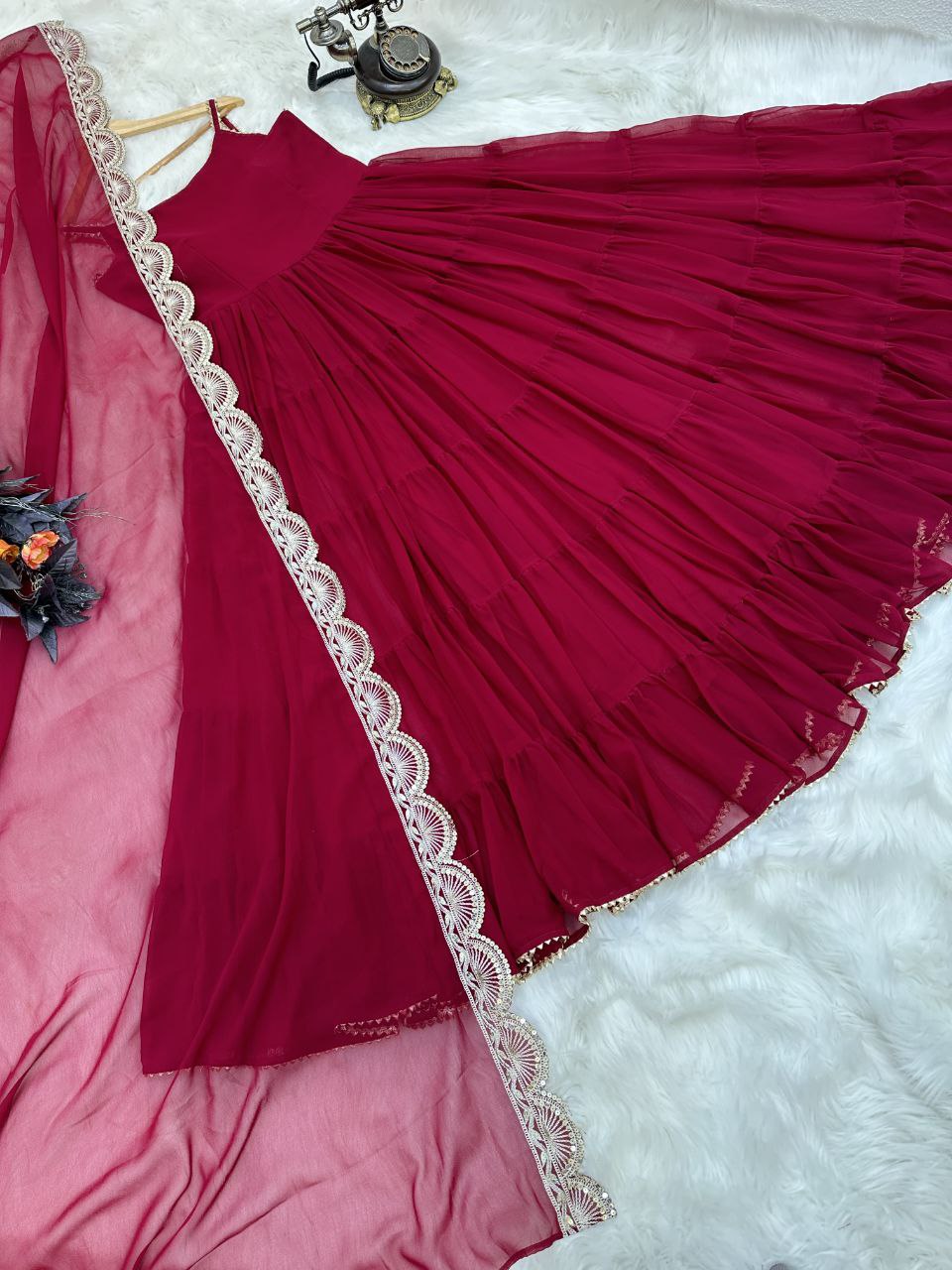 Elegant Maroon Fox Georgette Ruffle Gown with Embroidered Dupatta