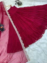 Elegant Maroon Fox Georgette Ruffle Gown with Embroidered Dupatta