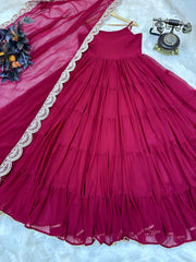 Elegant Maroon Fox Georgette Ruffle Gown with Embroidered Dupatta