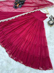 Elegant Maroon Fox Georgette Ruffle Gown with Embroidered Dupatta