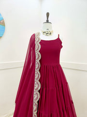 Elegant Maroon Fox Georgette Ruffle Gown with Embroidered Dupatta