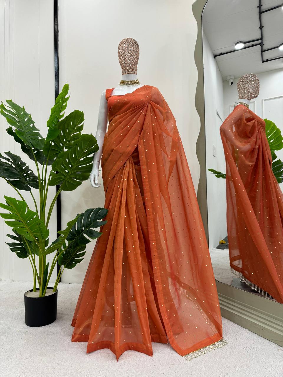 Elegant Orange Designer Saree with Mukesh Work & Heavy Fancy Lace