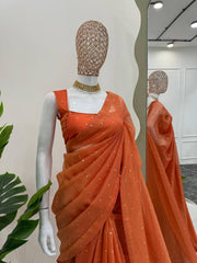 Elegant Orange Designer Saree with Mukesh Work & Heavy Fancy Lace