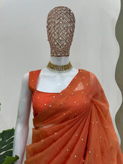 Elegant Orange Designer Saree with Mukesh Work & Heavy Fancy Lace