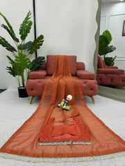 Elegant Orange Designer Saree with Mukesh Work & Heavy Fancy Lace
