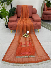 Elegant Orange Designer Saree with Mukesh Work & Heavy Fancy Lace