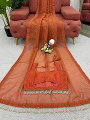 Elegant Orange Designer Saree with Mukesh Work & Heavy Fancy Lace