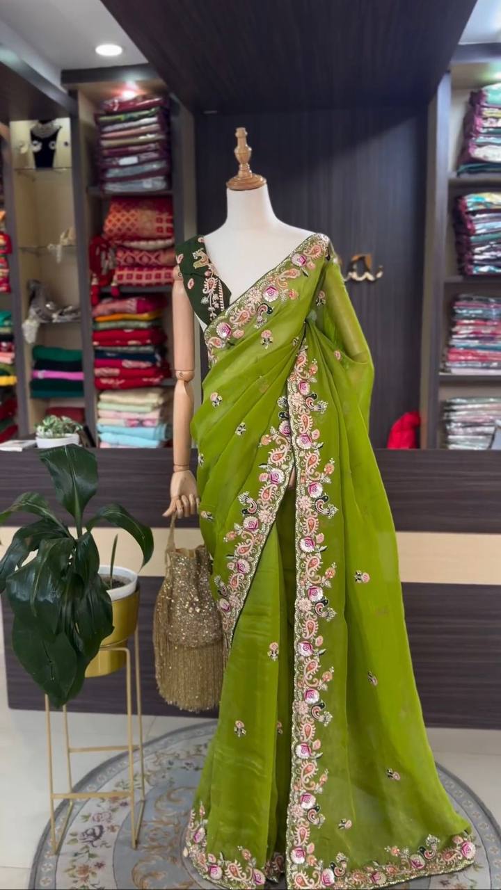 Elegant Parrot Green Designer Saree in Jimmy Chu Silk with Thread & Sequin Work