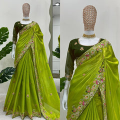 Elegant Parrot Green Designer Saree in Jimmy Chu Silk with Thread & Sequin Work