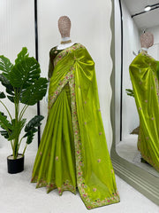 Elegant Parrot Green Designer Saree in Jimmy Chu Silk with Thread & Sequin Work