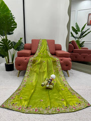 Elegant Parrot Green Designer Saree in Jimmy Chu Silk with Thread & Sequin Work