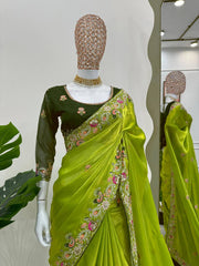 Elegant Parrot Green Designer Saree in Jimmy Chu Silk with Thread & Sequin Work