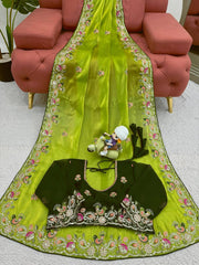 Elegant Parrot Green Designer Saree in Jimmy Chu Silk with Thread & Sequin Work