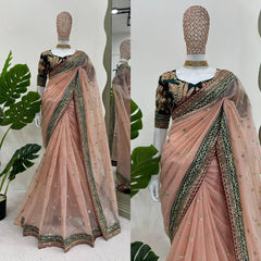 Elegant Peach Designer Saree in Twil Net with Thread & Sequin Work