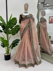Elegant Peach Designer Saree in Twil Net with Thread & Sequin Work