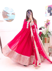 Elegant Pink Designer Gown with Dupatta – Fox Georgette & Sequin Embroidery