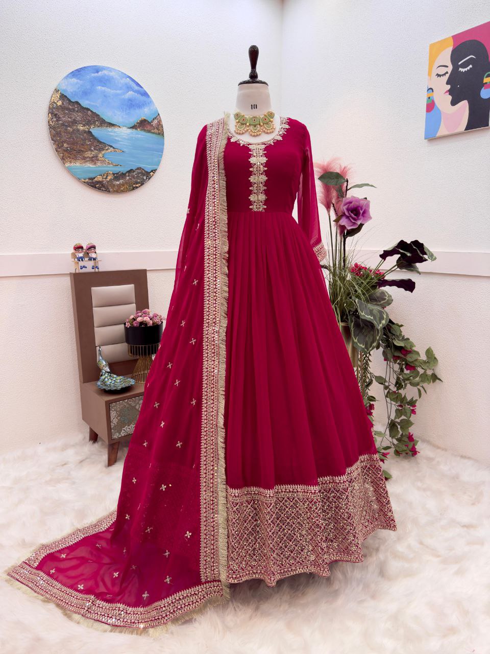 Elegant Pink Designer Gown with Dupatta – Fox Georgette & Sequin Embroidery