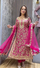 Elegant Pink Embroidered Chinon Suit with Soft Net Dupatta