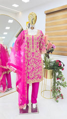 Elegant Pink Embroidered Chinon Suit with Soft Net Dupatta