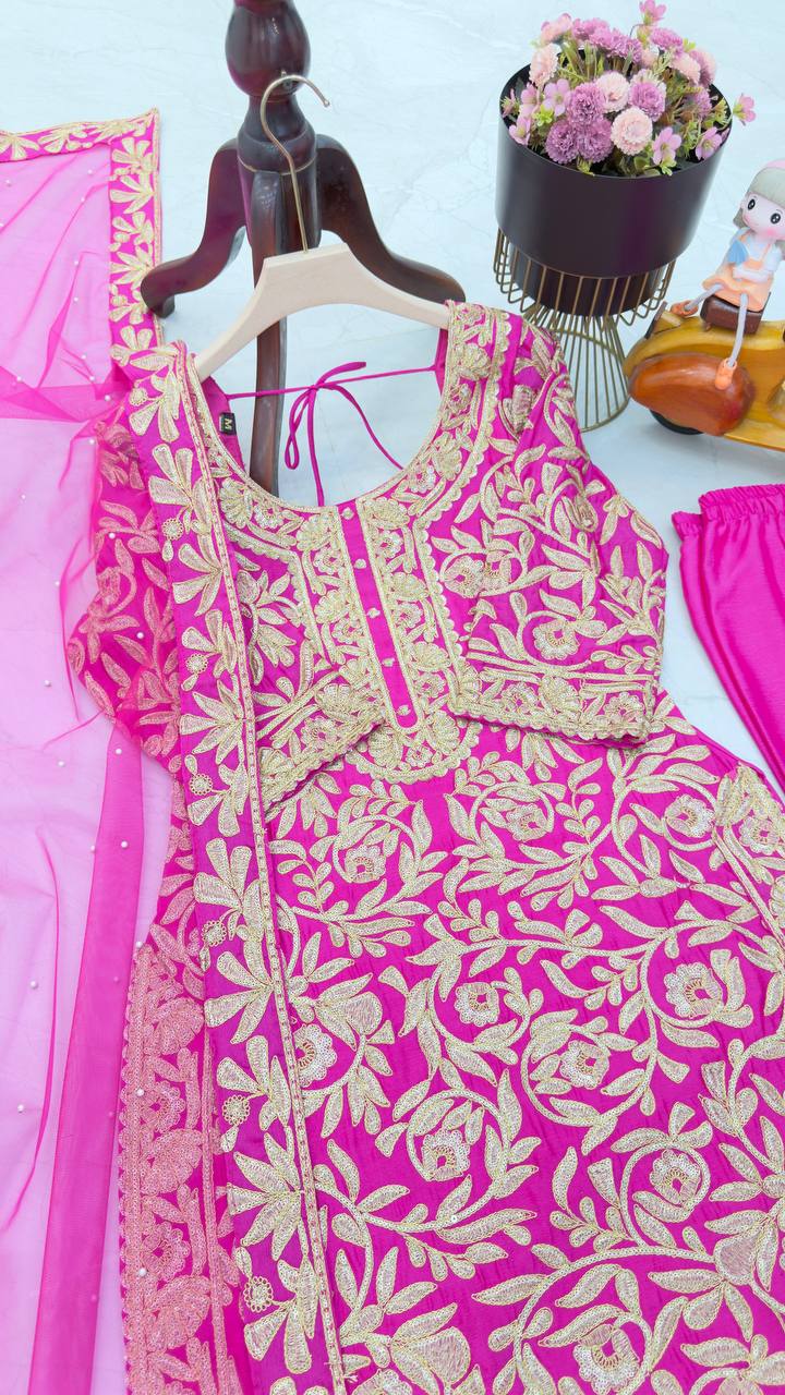Elegant Pink Embroidered Chinon Suit with Soft Net Dupatta