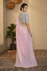 Elegant Pink Organza Saree with Resham, Sequins & Zari Work | Unstitched Blouse Included