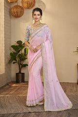Elegant Pink Organza Saree with Resham, Sequins & Zari Work | Unstitched Blouse Included