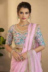 Elegant Pink Organza Saree with Resham, Sequins & Zari Work | Unstitched Blouse Included