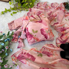 Elegant Pink Organza Taby Silk Party Wear Gown with Dupatta, Bottom, and Belt