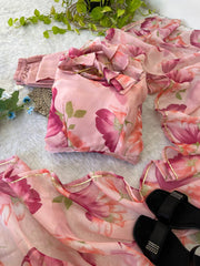 Elegant Pink Organza Taby Silk Party Wear Gown with Dupatta, Bottom, and Belt