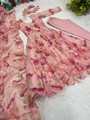 Elegant Pink Organza Taby Silk Party Wear Gown with Dupatta, Bottom, and Belt