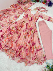 Elegant Pink Organza Taby Silk Party Wear Gown with Dupatta, Bottom, and Belt