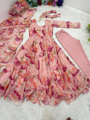 Elegant Pink Organza Taby Silk Party Wear Gown with Dupatta, Bottom, and Belt