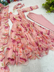 Elegant Pink Organza Taby Silk Party Wear Gown with Dupatta, Bottom, and Belt