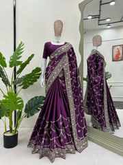 Elegant Purple Designer Saree with Thread & Sequin Work - Japan Satin Silk