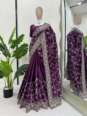 Elegant Purple Designer Saree with Thread & Sequin Work - Japan Satin Silk
