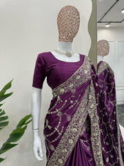 Elegant Purple Designer Saree with Thread & Sequin Work - Japan Satin Silk