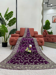Elegant Purple Designer Saree with Thread & Sequin Work - Japan Satin Silk