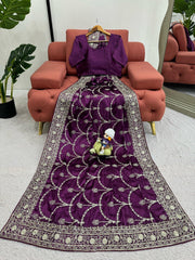 Elegant Purple Designer Saree with Thread & Sequin Work - Japan Satin Silk