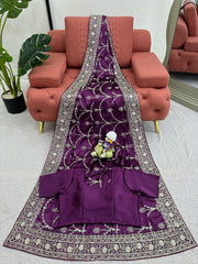 Elegant Purple Designer Saree with Thread & Sequin Work - Japan Satin Silk