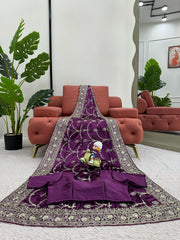 Elegant Purple Designer Saree with Thread & Sequin Work - Japan Satin Silk
